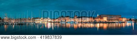 Stockholm, Sweden - June 30, 2019: Scenic Famous View Of Embankment In Old Town Of Stockholm In Nigh