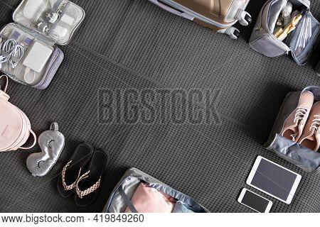 Top View Suitcase Baggage Packing Organization Use Konmari Method Frame Empty Space Trip Vacation