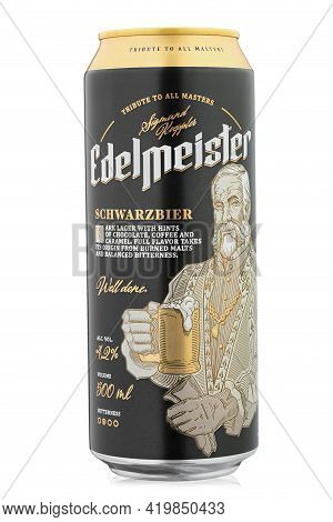 Kyiv, Ukraine - May 04, 2021: Can Edelmeister Schwarzbier   Beer Isolated On White. Insulated Packag