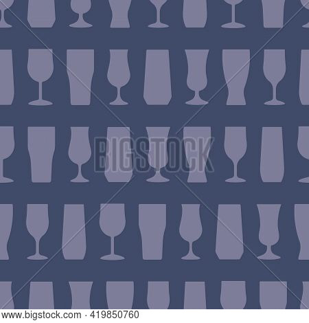 Horizontal Stripes Of Beverage Glasses Silhouettes. Vector Seamless Pattern. Greyish Blue Background