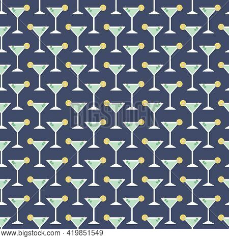 Vector Seamless Pattern With Martini Cocktail Glasses.
