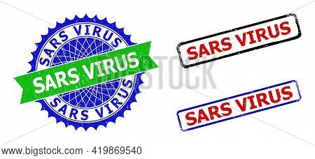 Bicolor Sars Virus Seal Stamps. Green And Blue Sars Virus Seal With Sharp Rosette And Ribbon Design 