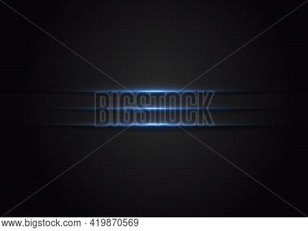 Abstract Holizontal Blue Light Line On Metallic Black Background With Space For Text. Technology Con