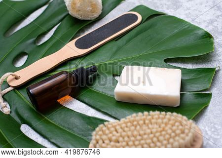 Natural Cosmetics For Bathing On The Background Of A Palm Leaf. Body Moisturizing Soap, Serum And Oi