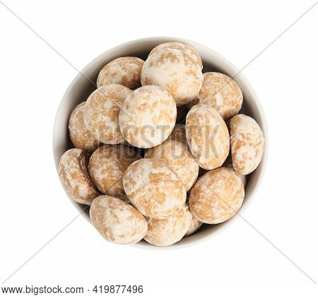 Tasty Homemade Gingerbread Cookies In Bowl On White Background, Top View