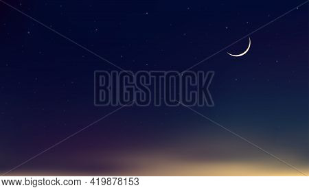 Ramadan Kareem Card Design Background In Dramatic Night With Crescent Moon,star With Blue, Purple An