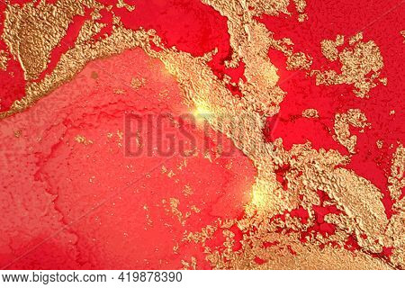 Red, Pink And Gold Pattern With Texture Of Marble And Sparkles
