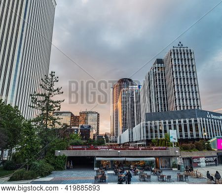 Madrid - May 1, 2021: Wide-angle View Of Azca Business And Financial District In Madrid At Dusk, Spa
