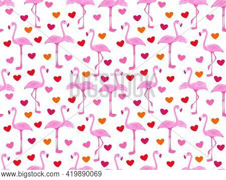 Pink Flamingos. Seamless Pattern With Flamingos And Hearts. Exotic Birds. Stock Vector Illustration 