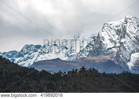 View Of Tengboche Village From Afar. Himalayas Mountains, Nepal