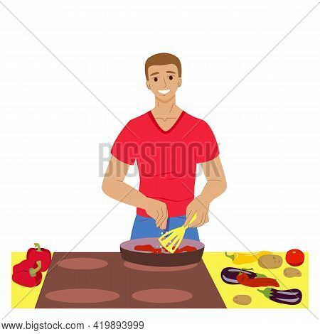 The Man Is Cooking. Man In The Kitchen Prepare Vegetables. Homemade Food. Stock Vector Illustration 
