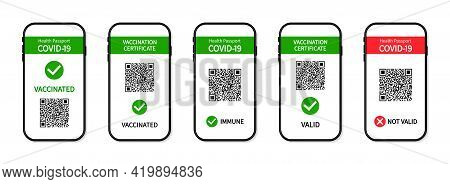 Vaccine Passport In Smartphone Screen. Certificate Of Vaccine And Immune From Covid In Phone App. He