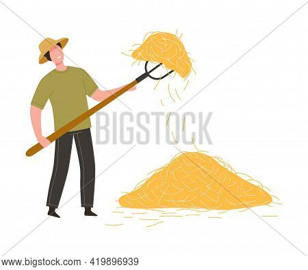 Man Farmer In Straw Hat Holding Pitchfork Gathering Hay In Stack Vector Illustration
