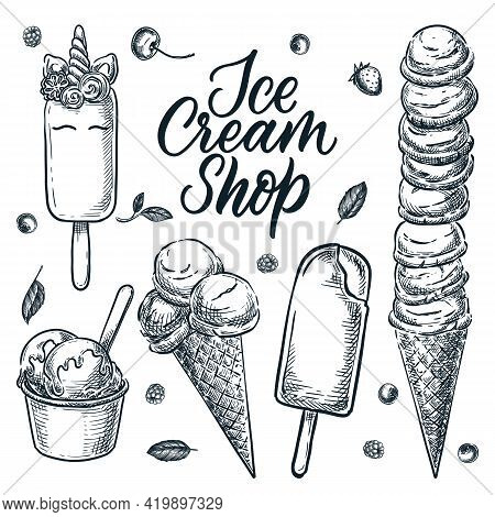 Colorful Ice Cream Cone Icons Set. Vector Cartoon Food Illustration. Sweet Design Elements, Isolated