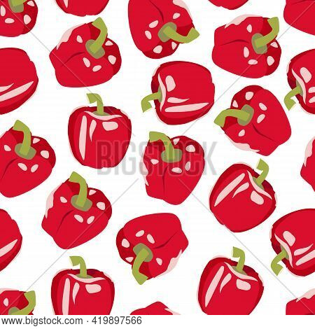 Seamless Pattern With Sweet Red Peppers. Bell Pepper. Stock Vector Illustration Isolated On White Ba