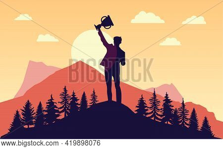 Prevail - Silhouette Of Man With Raised Hands Trophy In Front Of Sun. Landscape, Nature And Mountain