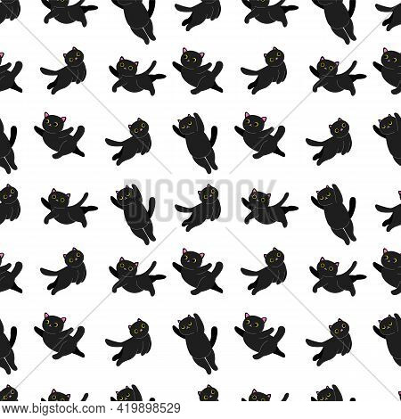 Seamless Pattern With Black Cats. Seamless Texture With Dancing Black Kittens. Stock Vector Illustra
