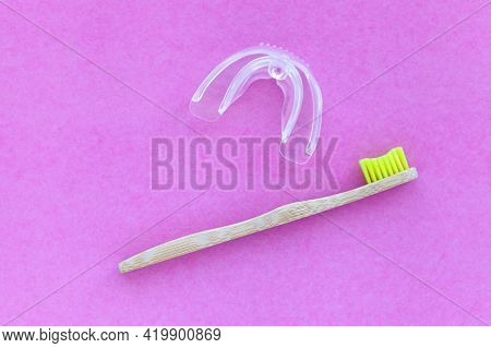 Bamboo Tooth Brush. Dental Bleaching System. Teeth Whitening Accelerator. Flat Lay Composition Space