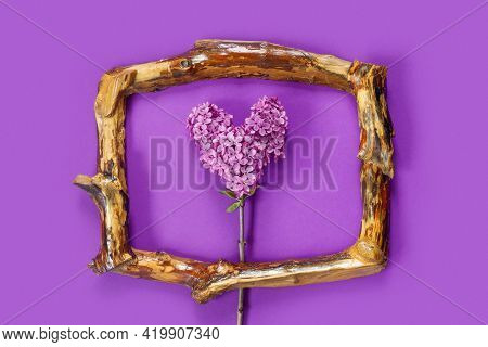 Template For Design With Vintage Wooden Frame And Branch Of Lilac In The Shape Of Heart. 
Spring Flo