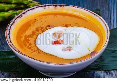 Creamy Crab Bisque. Seafood Soup. Close Up
