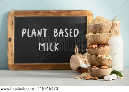 Ingredients for making various plan based lactose free vegan milk, bottles of milk and chalkboard with Plant based milk lettering on blue background