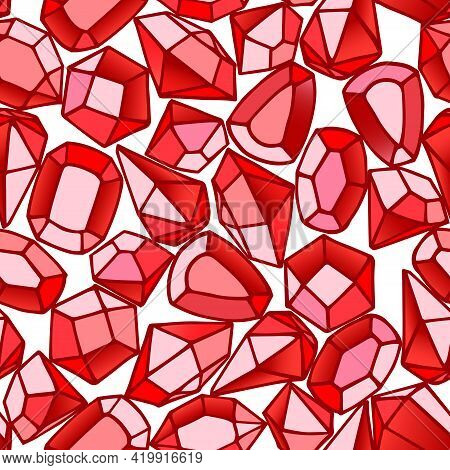 Seamless Pattern Of Gemstones, Red Rubies, Glass Crystals For Bijou, Color Vector Illustration With 