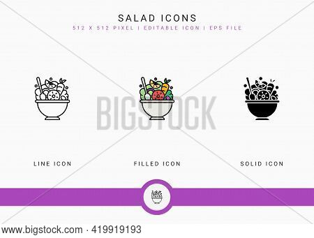 Salad Icons Set Vector Illustration With Solid Icon Line Style. Vegetables Bowl Concept. Editable St
