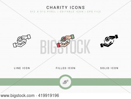 Charity Icons Set Vector Illustration With Solid Icon Line Style. Charitable Give Back Concept. Edit
