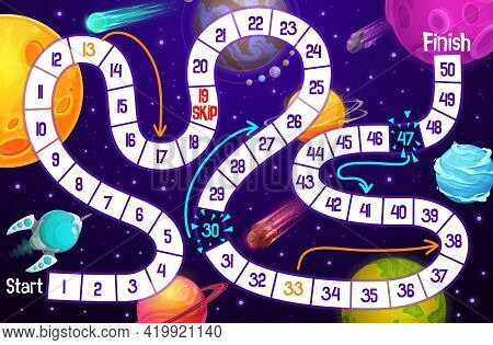 Cartoon Kids Board Game, Space Adventure With Rocket And Planets Vector Template. Step Boardgame Wit