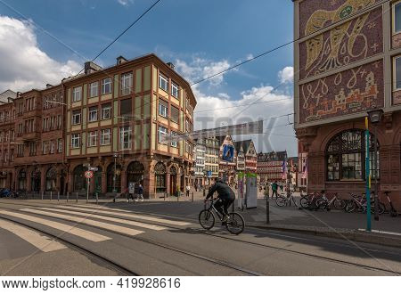 Frankfurt Am Main, Germany-may 03, 2021: View Of The Historic Center Römerberg In The City Of Frank
