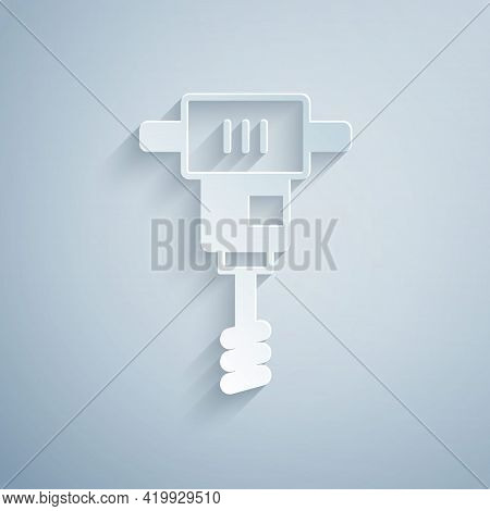 Paper Cut Electrical Hand Concrete Mixer Icon Isolated On Grey Background. Handheld Electric Cement 