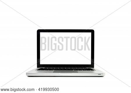 Close Up Of Mockup Laptop Blank White Screen Isolated On White Background View. Business Office. Tec