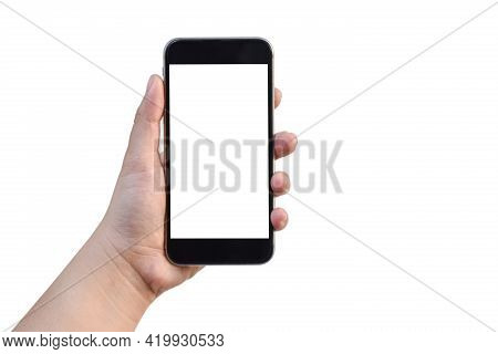 Close Up To Asian Women Lelf Hand Holding Black Smartphone Empty Blank White Screen Isolated On Whit