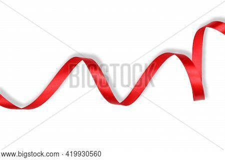 Clipping Path. Flat Lay Of Red Ribbon Isolated On White Background View. Top View Shiny Rolled. Part