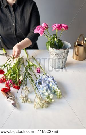 Installation Of Flowers In A Vase. Flowers Bunch, Set For Home. Fresh Cut Flowers For Decoration Hom