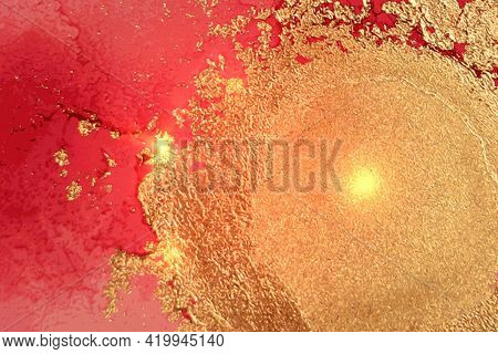 Abstract Gold, Red And Raspberry Marble Pattern With Sparkles