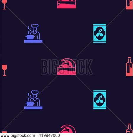 Set Olives In Can, Spanish Cook, Concert Hall De Tenerife And Wine Bottle With Glass On Seamless Pat