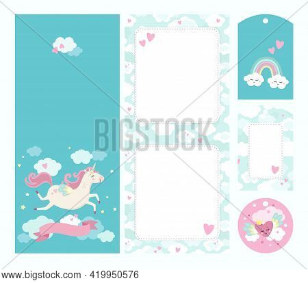 Unicorn Theme. 2-sided Greeting Or Invitation Card Template With Gift Tags And Flower Card. Funy And