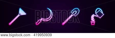 Set Line Garden Rake For Leaves, Sickle, Shovel And Watering Can. Glowing Neon Icon. Vector