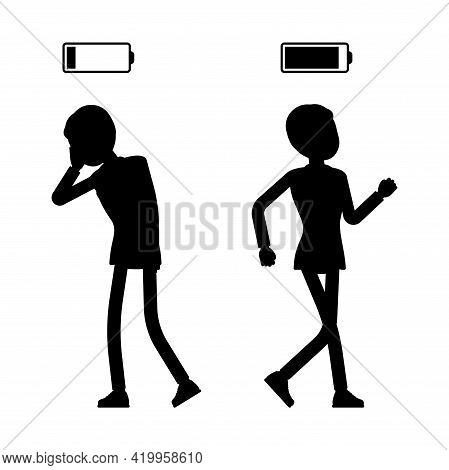 Male Black Silhouette, Businessman Or Office Worker Empty, Full, Battery. Administrative Manager Per