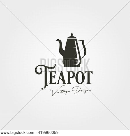 Teapot Vintage Logo Label Vector Illustration Design, Stainless Steel Teapot Logo Design