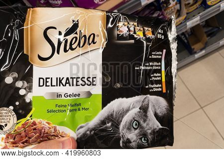 Belgrade, Serbia - May 3, 2021: Sheba Logo On A Pack Of Canned Cat Wet Food For Sale. Part Of Purina