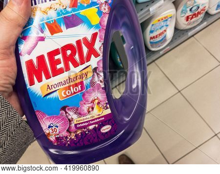 Belgrade, Serbia - May 3, 2021: Merix Logo On A Laundry Detergent Bottle For Sale In Belgrade. Merix