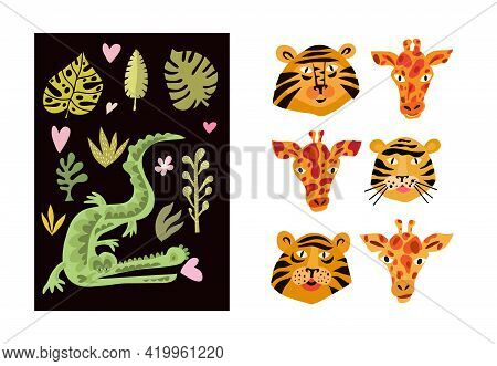 Beautiful Big  Set With Tropical Animals And Plants, Exotic  Flowers. Cute  Vector Elements In Flat 