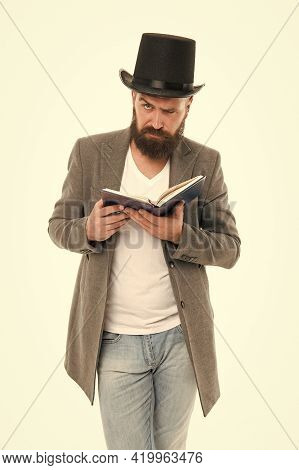 Artistic Person. Talented Artist. Bearded Man Read Book Isolated On White. Poetry Reading. Inspirati
