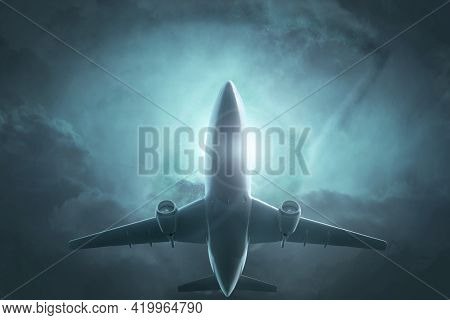 The Concept Of Dengerous Flights. The Plane Flies Against A Gloomy Background. 3d Illustration.