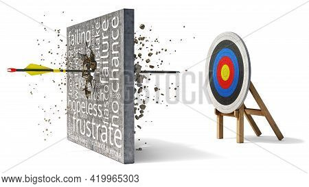Arrow Breaks Through The Wall With Dissapointing Words On The Way To Target, 3d Illustration