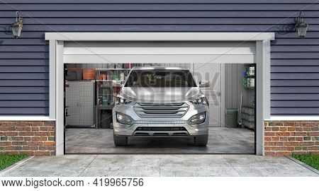 3d Render Of Garage Interior With Open Door And Car In Front 3d Illustration