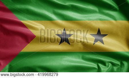 St Lucian Flag Waving In The Wind. Saint Thomas And Prince Banner Blowing Silk.