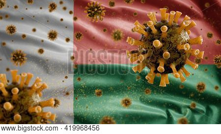 3D, Malagasy Flag Waving With Coronavirus Outbreak. Madagascar Covid 19